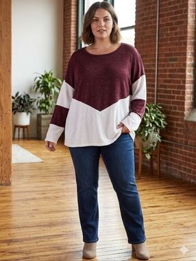 🌴 Hailey & Co. Women's Burgundy and White Colorblock Pullover Sweater Size 3x